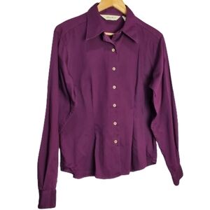 Eddie Bauer Purple Button Down Cotton Pleated Blouse with Collar Size Medium
